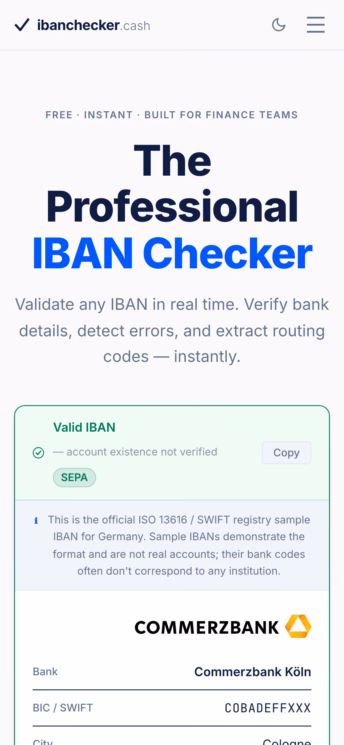 ibanchecker.cash ana sayfa ve doğrulama sonucu mobil görünümü