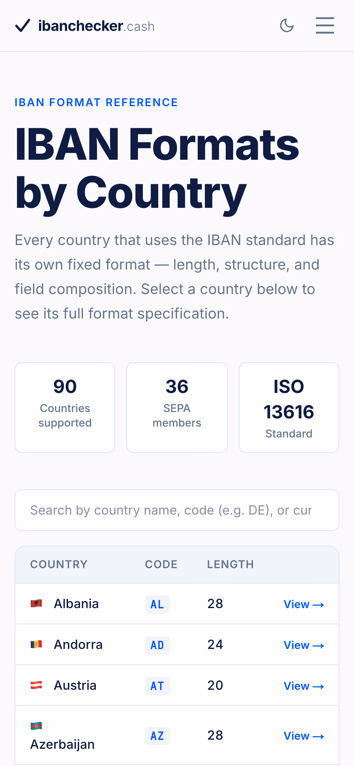 ibanchecker.cash ülkelere göre IBAN formatları sayfası
